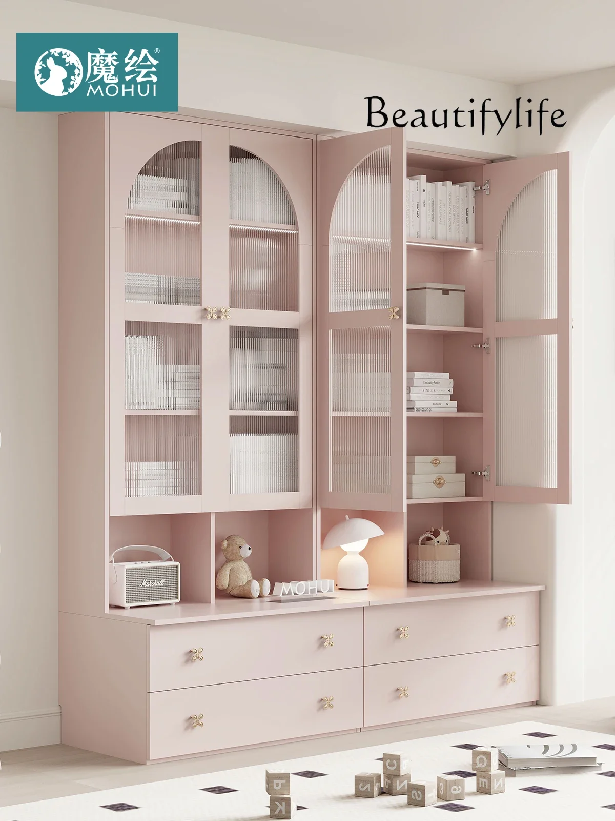 Bookcase with Card Holder Integrated to the Top Background Wall High Cabinet Pink Glass Cabinet