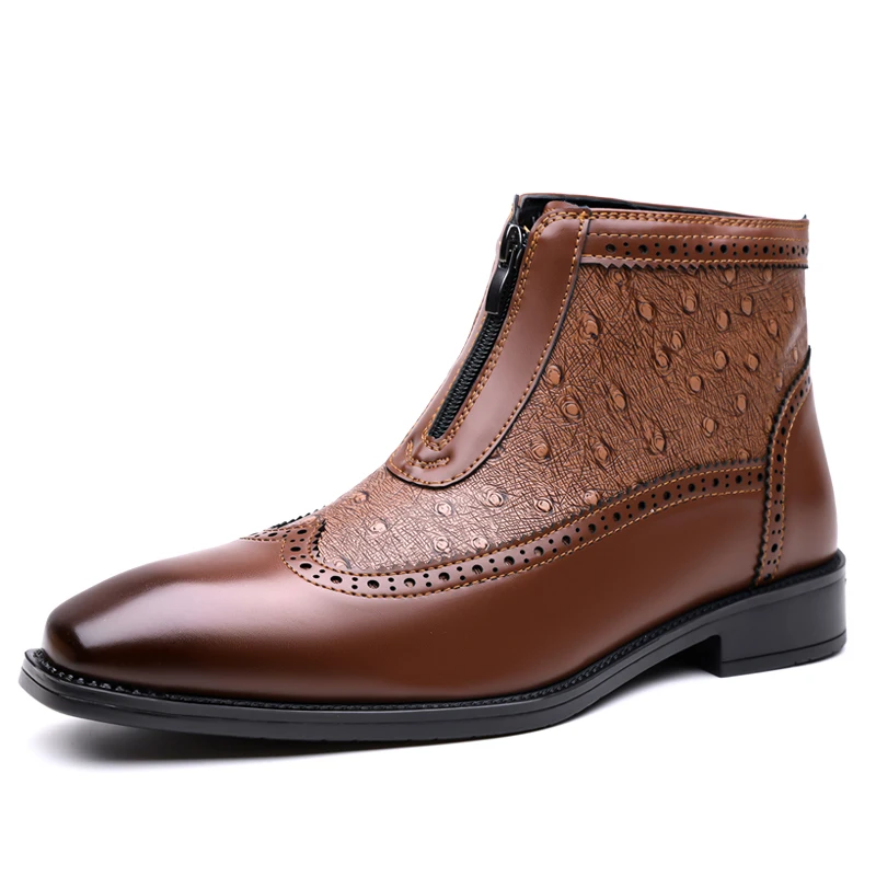 

Luxury Brand Men's Comfortable Side Zipper Chelsea Boots Fashionable New Men's Carved Pointed Business Casual Leather Boots