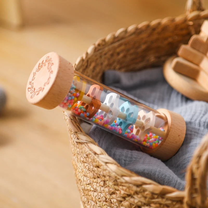 Montessori Baby Regenmacher Regenbogen-Sanduhr Regenmusik-Rassel Pädagogisches Babyspielzeug Farbenfrohe Montessori Sensorik-Spielzeuge für Kinder – Detail 14