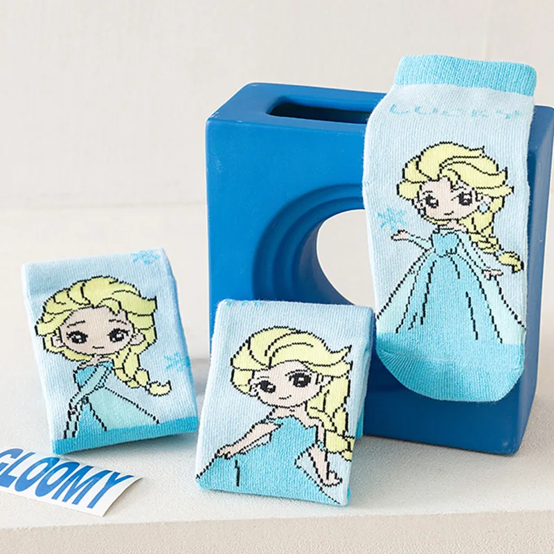 5 paia di calzini Disney Anime Frozen Calzini per bambini in cotone blu Elsa Kawaii 1-12 anni Calzini per ragazza principessa Regali per bambini