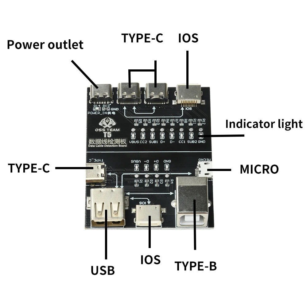 T5 USB Cable Tester Board Multi-Function Interface Detection Module Rapid Fault Diagnosis For Type-C Micro USB Data Cables