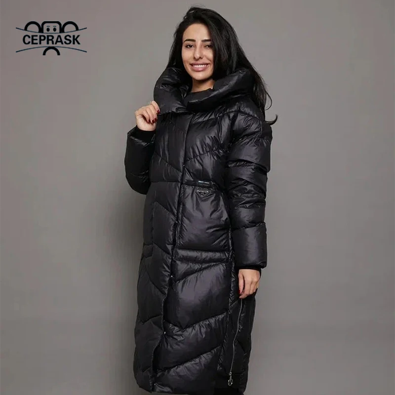 CEPRASK 2023 New Fashion Winter Quilted Coat Women X-Long High Quality Cotton Parkas Hooded Outerwear Warm Thick Woman Jacket