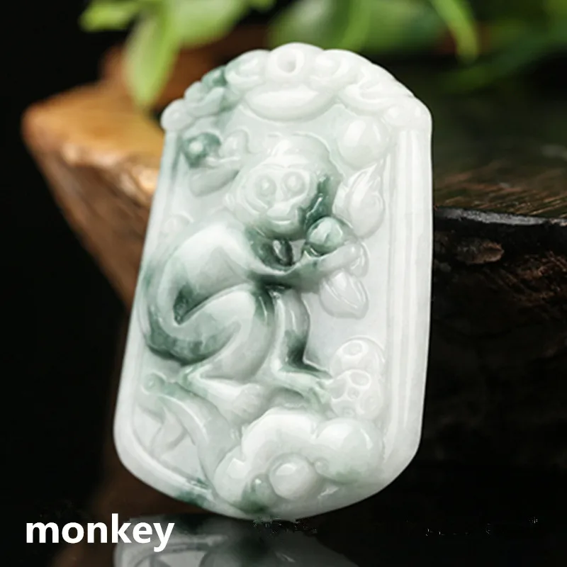 

Natural A Cargo Emerald Handmade Carving Monkey Pendant Boutique Jewelry Men's and Female Zodiac Monkey Jade Necklace Matching