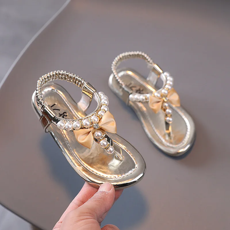 Summer Flats Korean Girls Pearls Rhinestone Kids Beach Sandals Butterfly-knot Princess Children\'s Sandals Flip Flops Beach Shoes