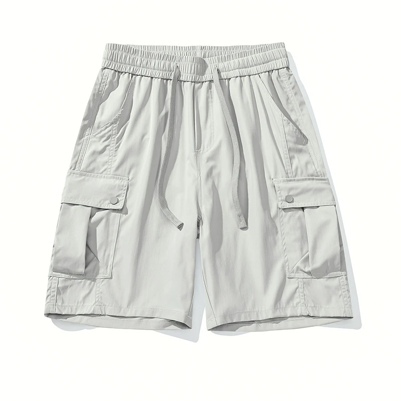 Summer Loose Casual Shorts Men Solid Color Thin Patchwork Multi-Pocket Cargo Shorts Mens Breathable Drawstring Knee Length Pants