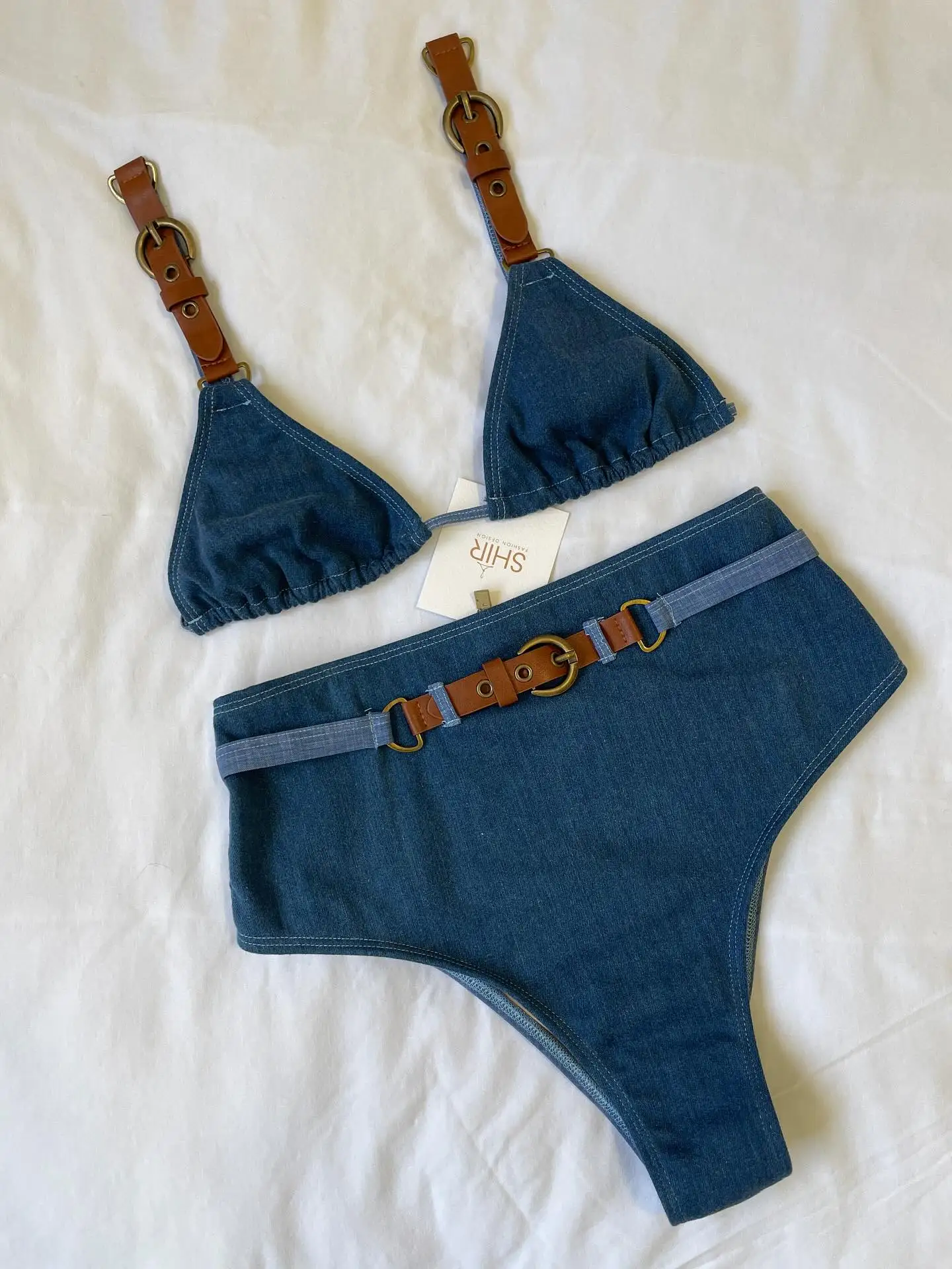 

2025 Denim Bikini Set Cowgirl Style with Leather Straps Metal Buckles Perfect for Pool Parties Summer Getaways Poolside Glamour