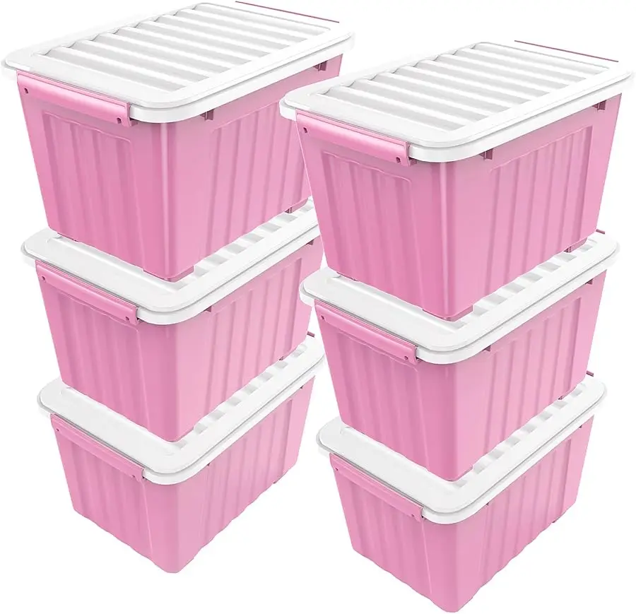 

Plastic Storage Bin, Stackable and Nestable Storage Boxes with White Lids and Secure Latching Buckles, Large Storage Container (