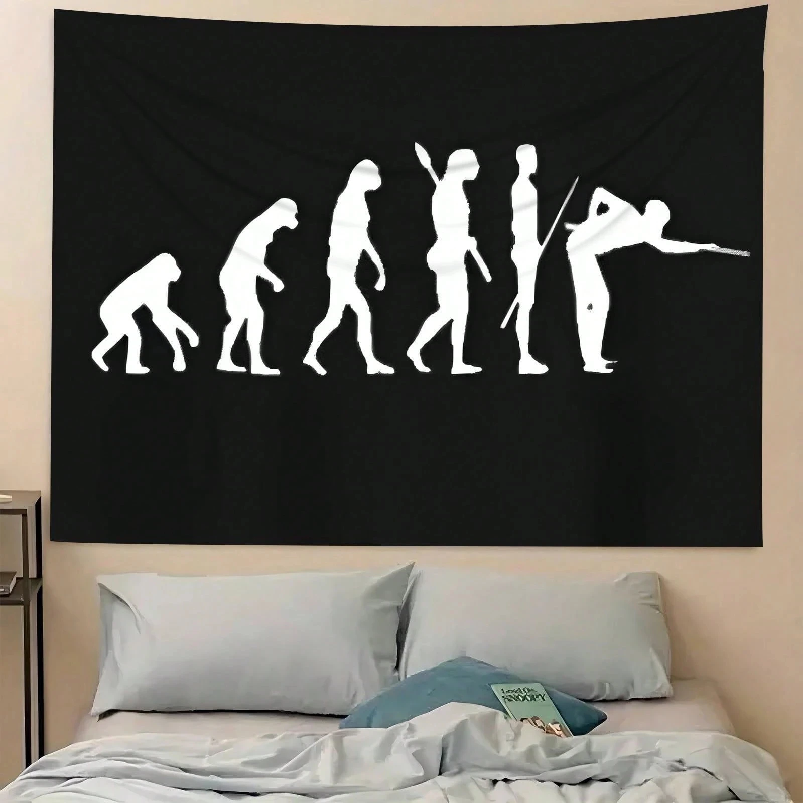 Tapisserie amusante Billiards Evolution avec silhouette de joueur de billard, décoration murale humoristique pour salle de jeux, chambre et dortoir