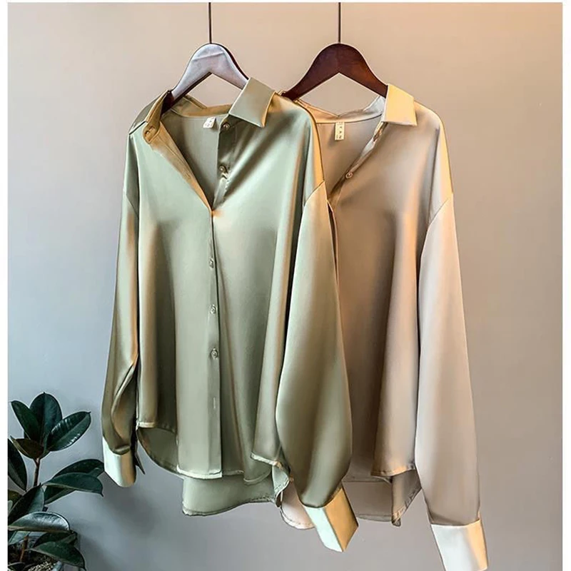 2023 new Spring Fashion Button Up Satin Silk Shirt Vintage Blouse Women White Tops Lady Long Sleeves Female Loose Street Shirts