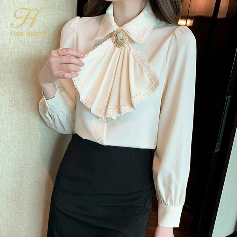 H Han Queen 2022 Spring Basic Shirt Women Blouses Vintage Work Casual Tops Chiffon Blouse Korean Design Long Sleeve Loose Shirts