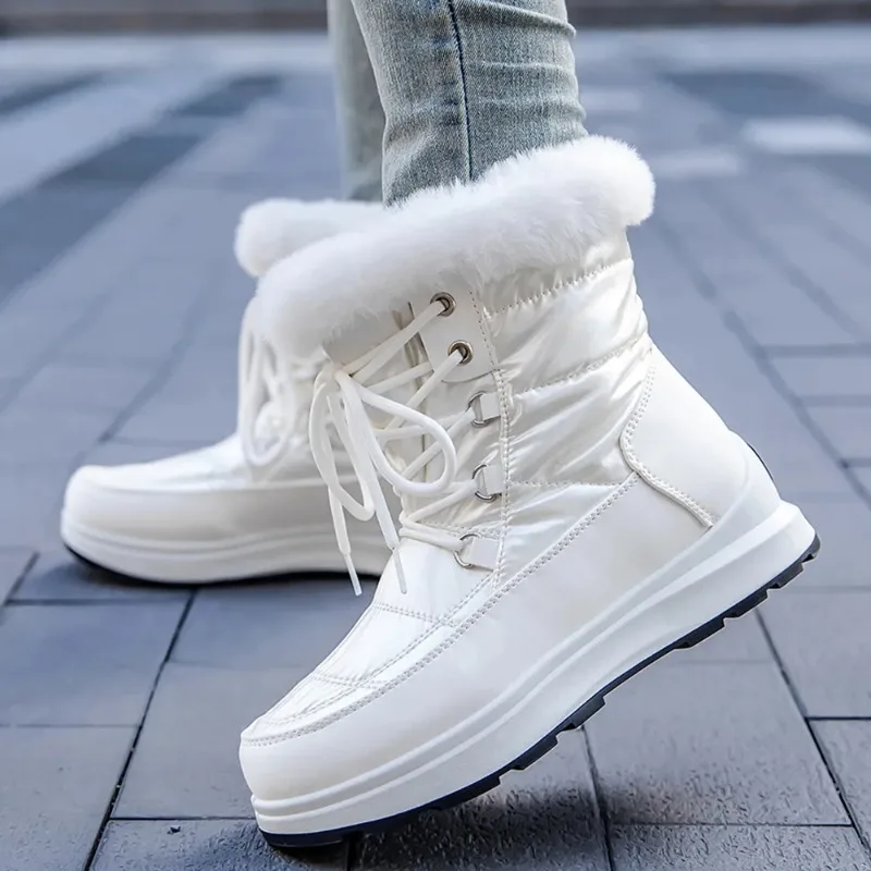Women Winter Boots Waterproof Lace-Up Thicken Plush Winter Footwear Fashion Non Slip Warm Cotton Platform Ankle Boots Zapatos