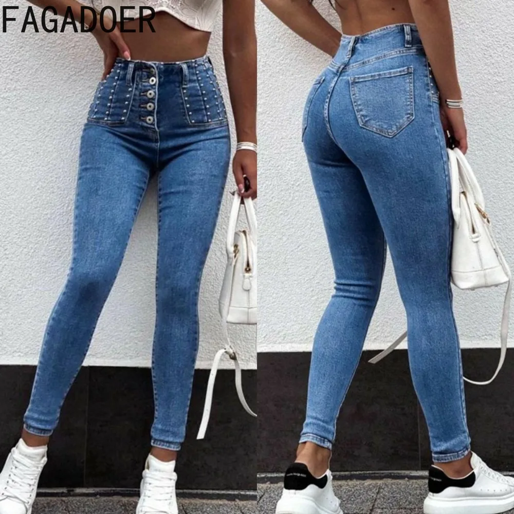 

FAGADOER Blue Fashion Button Skinny Jeans Pants Women High Waist Button Pocket Slim Denim Trousers Casual Female Cowboy Bottoms