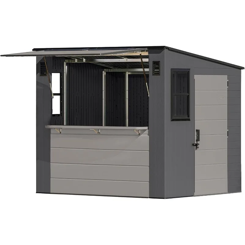 

Сарай для развлекательного хранения Cabana размером 8 x 7 футов, всепогодное укрытие для уличного двора с 2 окнами и складным столешницей, гр.