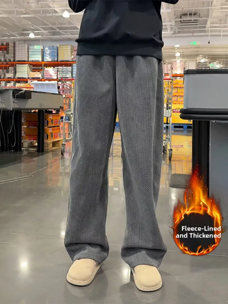 

Deep Grey Heavyweight Men's Knitted Fleece Lined Casual Pants Loose Fit Straight Leg Autumn Winter Warm Casual Trousers