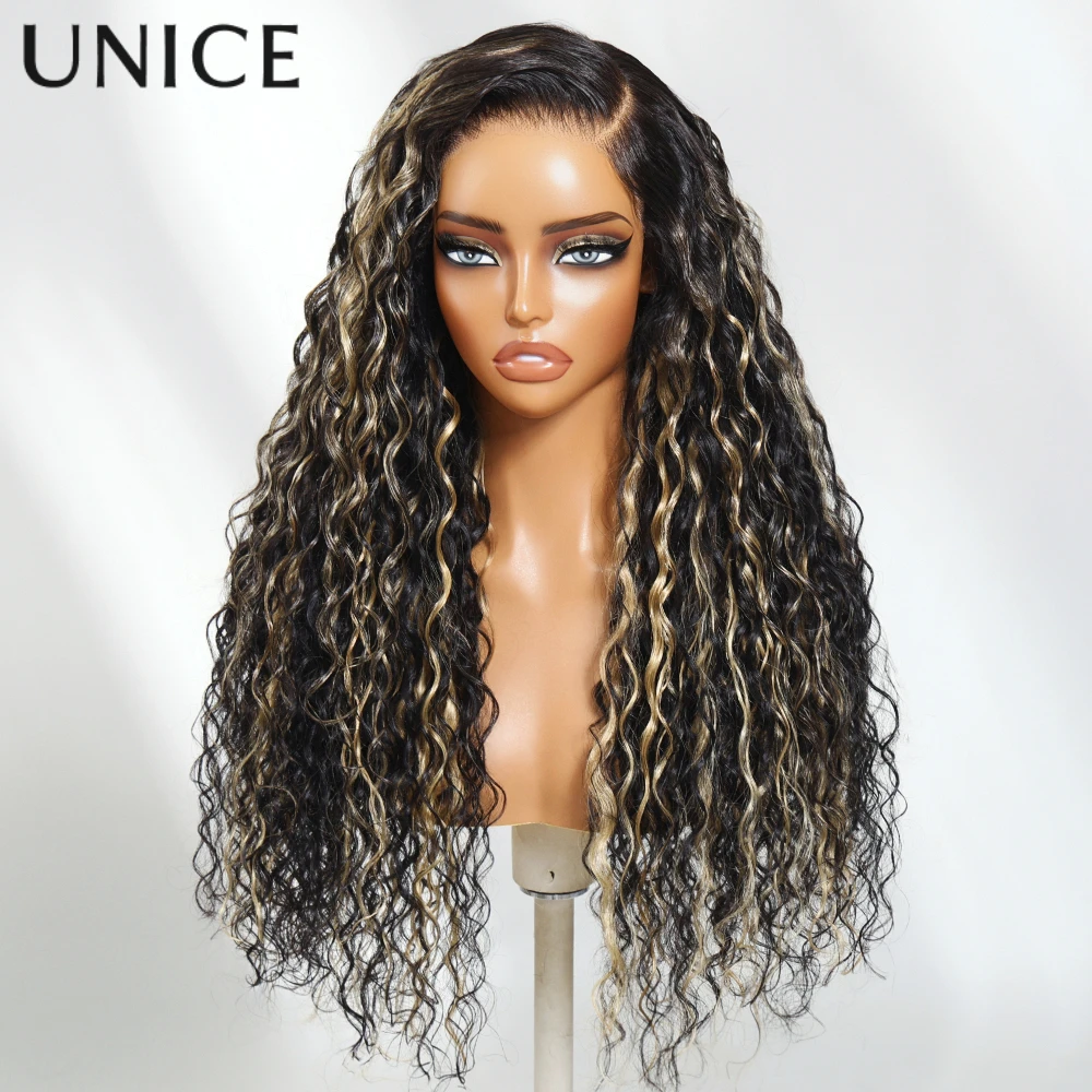 UNice أسود مع أشقر فاتح يسلط الضوء على موجة المياه مع الرباط 13x4 قبل كل شيء شعر مستعار بدون صمغ شعر بشري كثافة 150%