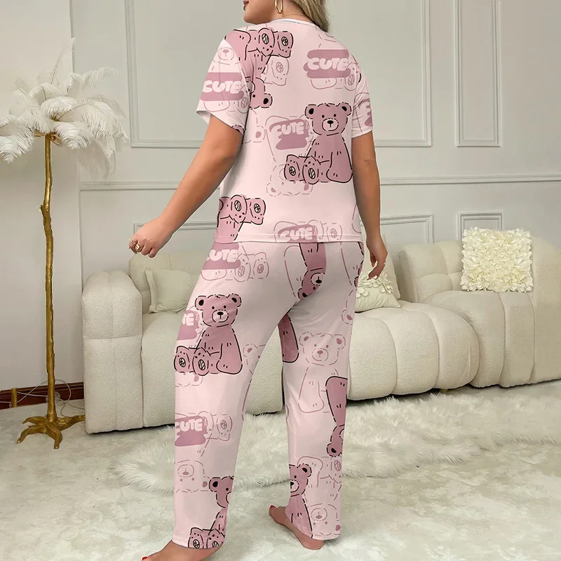 3XL 4XL 5XL Plue Size Oversized Pajama Set for Women\'s Autumn Winter Sleepwear T-shirt Trousers Cartoon Bear Printed Loungewear