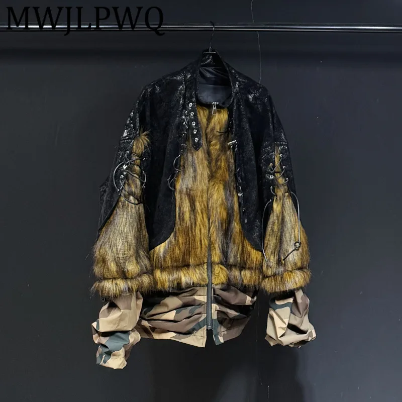 

MWJLPWQ винтажная кожаная куртка с меховым воротником для мужчин, свободный лоскутный дизайн, уличное зимнее модное универсальное пальто 12902