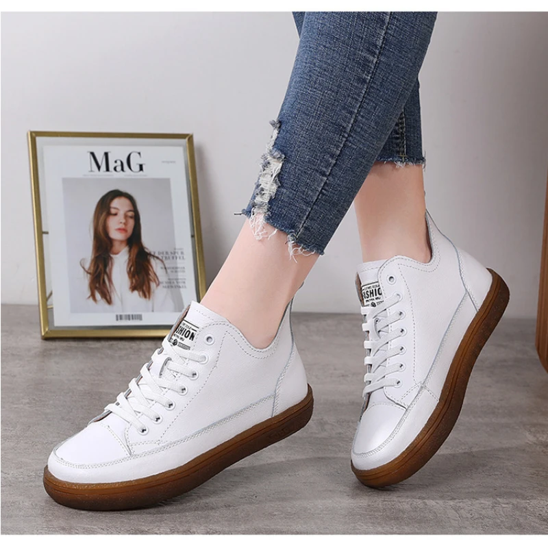 Women Genuine Leather Sneakers Round Toe Lace Up Fashion Ladies Trainers Retro Vulcanized Walking Shoes Woman Summer Flats Boots