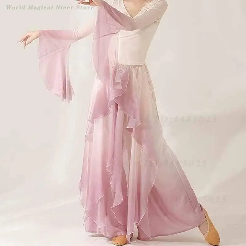Women Chinese Classical Dance Costume Gradient Blue Chiffon Flared Sleeve Top Elegant Modern Folk Dance Outfit for Stage