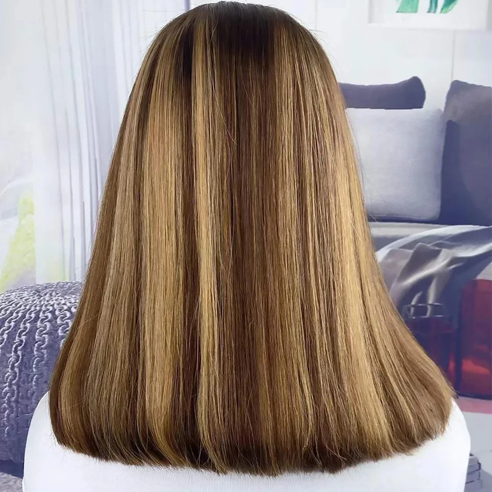 Perruque Bob Lace Front Wig lisse brésilienne Remy, cheveux naturels, ombré Blond, 13x6x1, à reflets, pour femmes