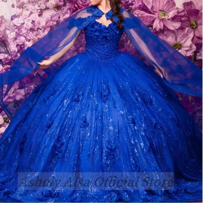 Ashely Alsa-Robe de Quinceanera bleu royal avec cape, robe de Rhflorale 3D, robes de fête d'anniversaire pour filles, 16 VX, nouveau