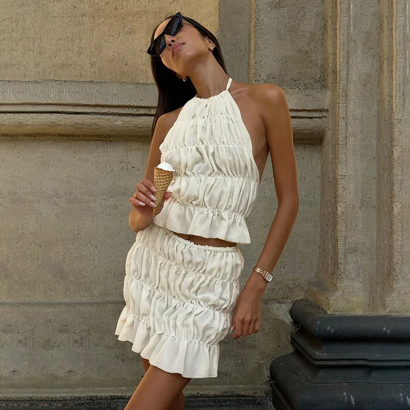 

2025 Summer New Women's Solid Color Sexy Halter Pleated Backless Short Dress Set Sleeveless Party Clubwear Outfit