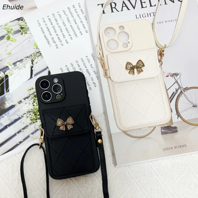 

Модный чехол для телефона для iPhone 16, 15, 11, 13, 12, 14 Pro Max Plus 17, кошелек с бабочкой и бриллиантами, слот для карт, ремешок, чехол для сумки