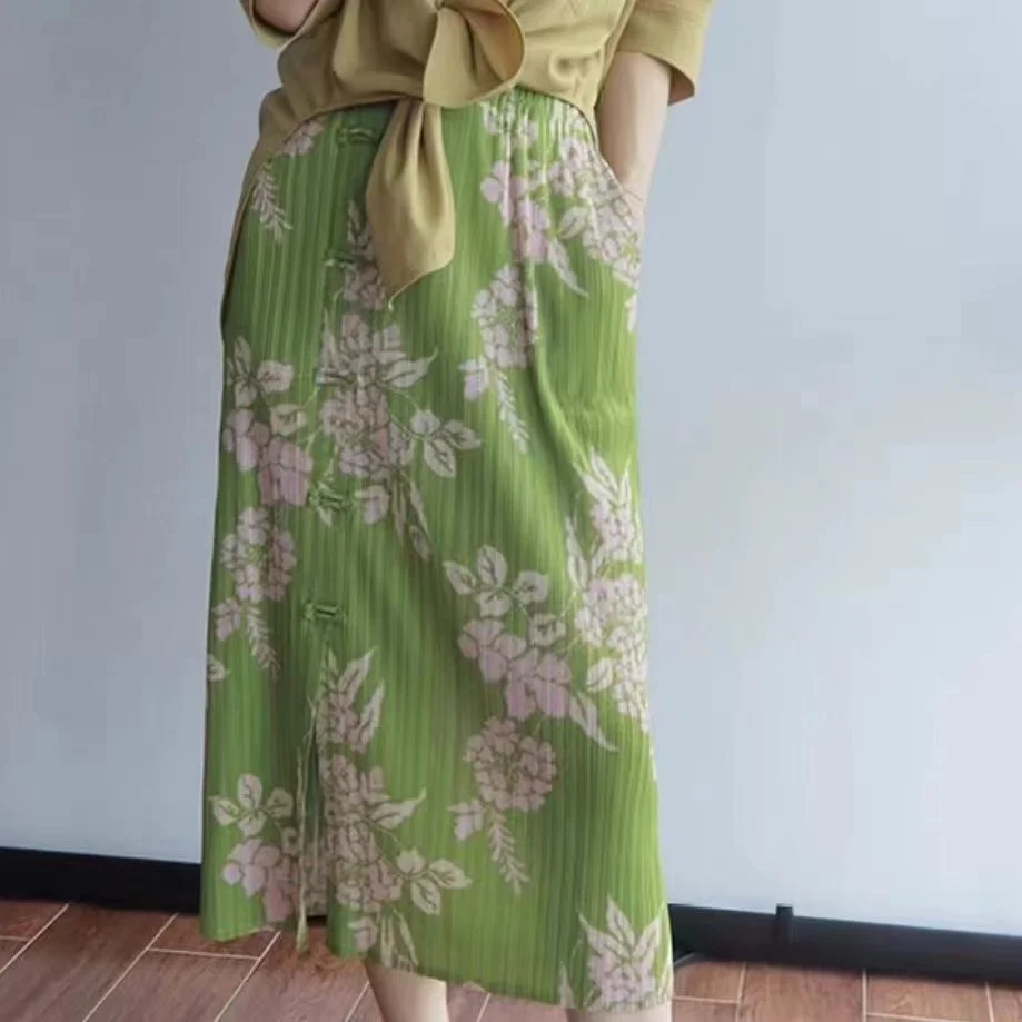 

Women's Summer Fashion High Waist Elastic Waist Pleated Floral Print Beach Vacation Skirt with Side Split