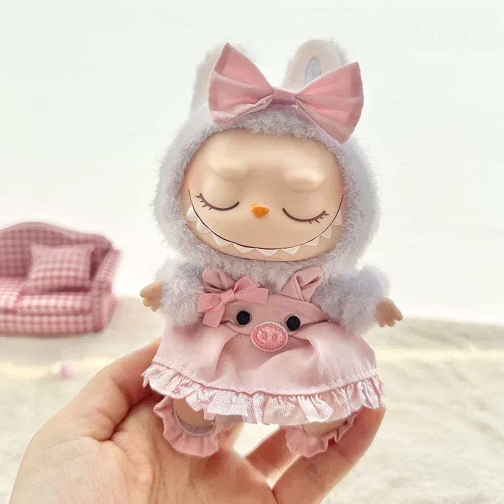 

(Clothes only) for15-17cm labubu Mini Doll Accessories Idol Fluffy Cute Pink Pig Sweet Suspender Dress Clothing Accessories