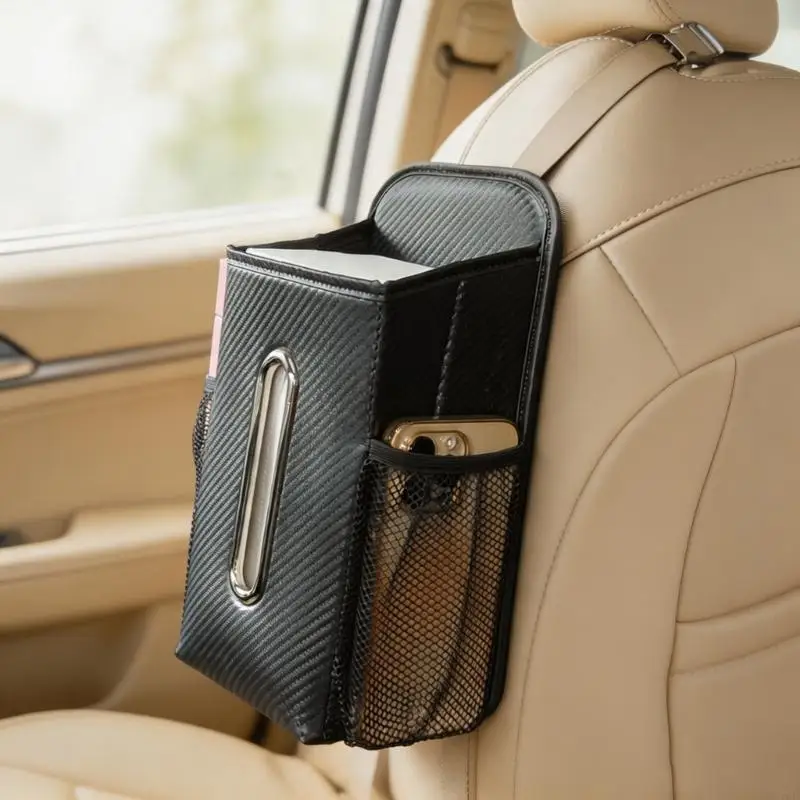 M76E Auto-Taschentuchtasche mit Netzfachaufbewahrung und vorderem Zugschlitz, hängende Sitztasche für Fahrer und Familie für den – Detail 4