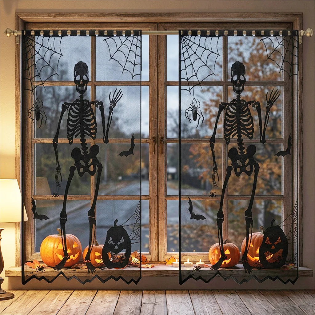 Two vintage Gothic-style Halloween-themed terrifying skull spider web curtains for decoration in a haunted house party setting