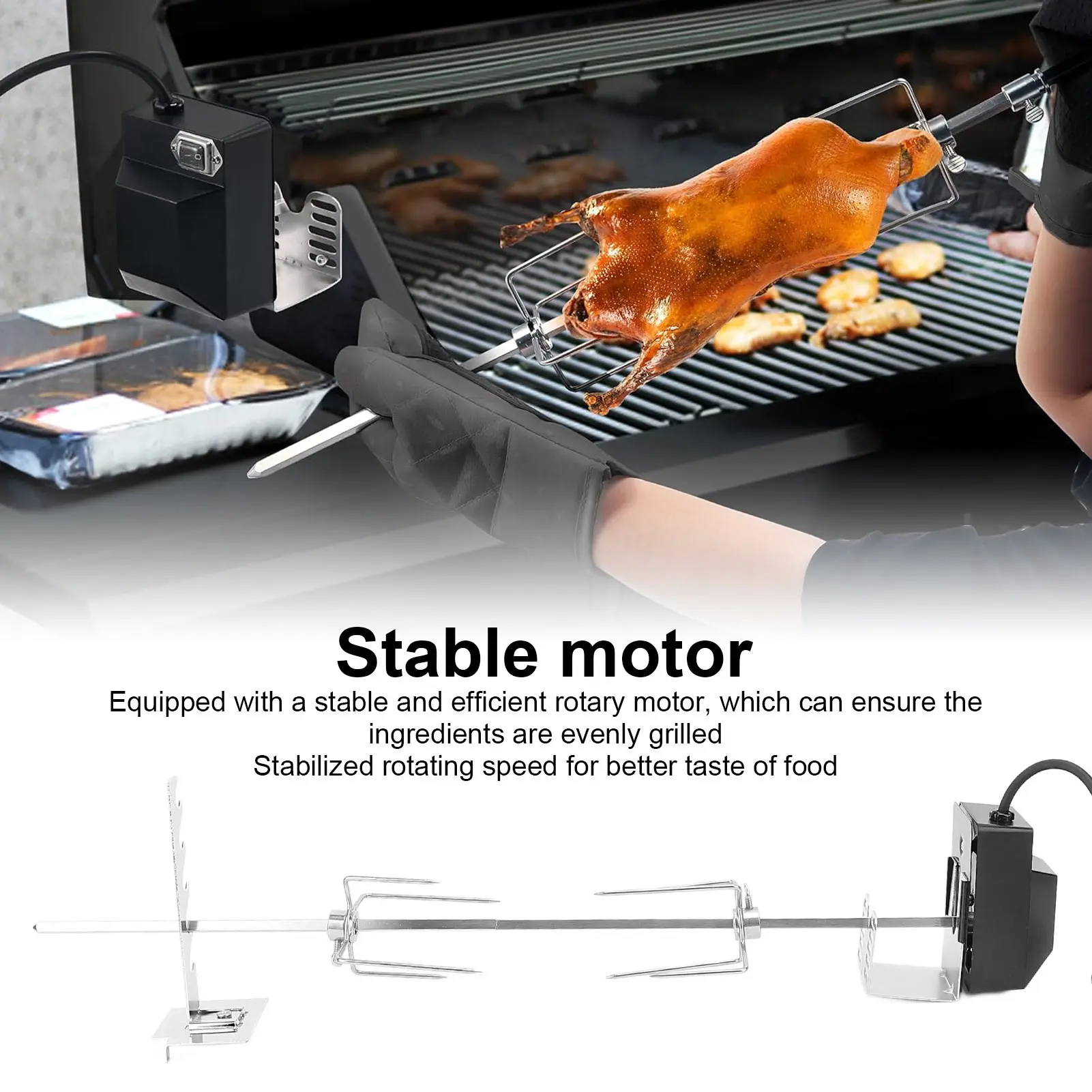 Rotisserie Grill Kit Waterproof Switch Stable Rotating Motor Strong Load Bearing Stainless Steel Universal Duty Rotisserie Kit
