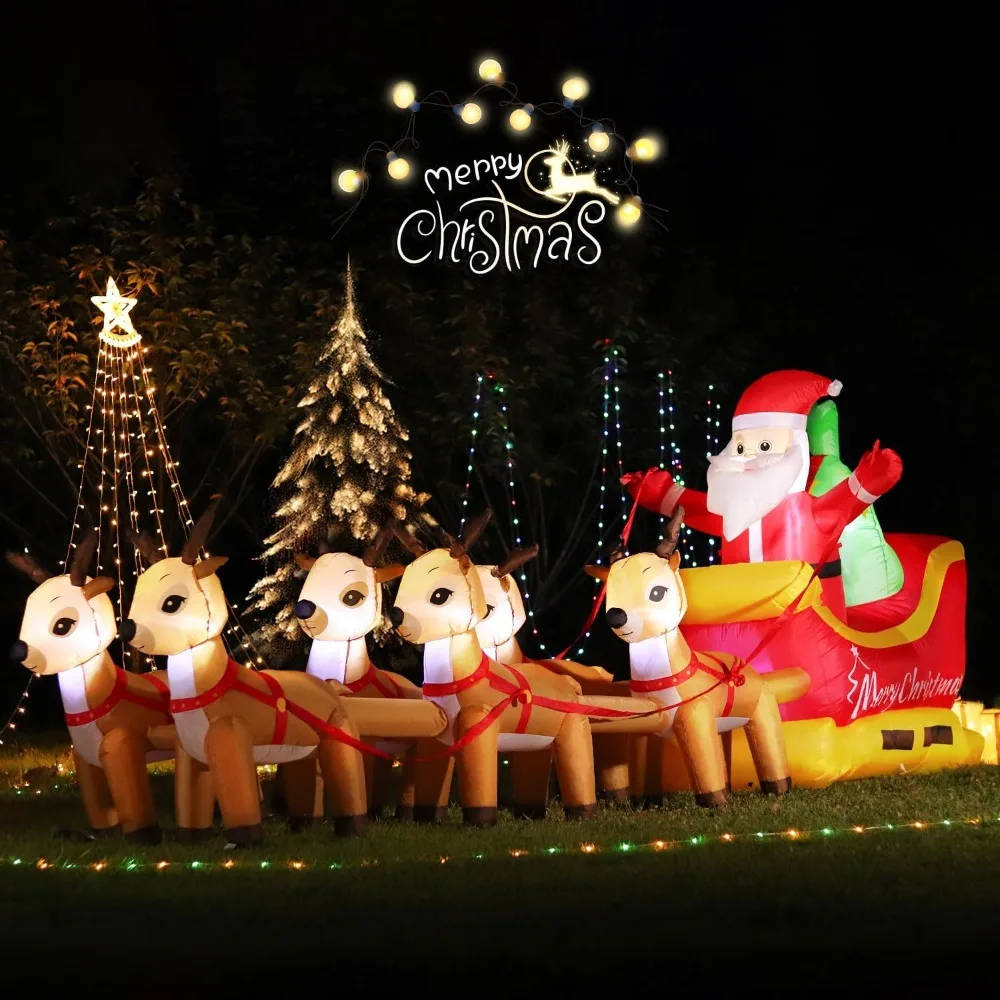 13 FT Huge Christmas Inflatable Santa Claus on Sleigh with Six Reindeers, Giant Blow Up Yard Decoration, Built-in LED Lights