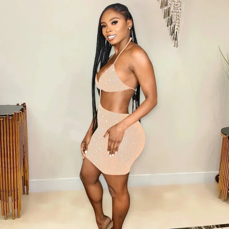 GUWU Spparkle negro Rhinestone ceñido al cuerpo Mini vestidos de mujer Glam cuello Halter recortado lentejuelas vestido corto de fiesta trajes de club nocturno