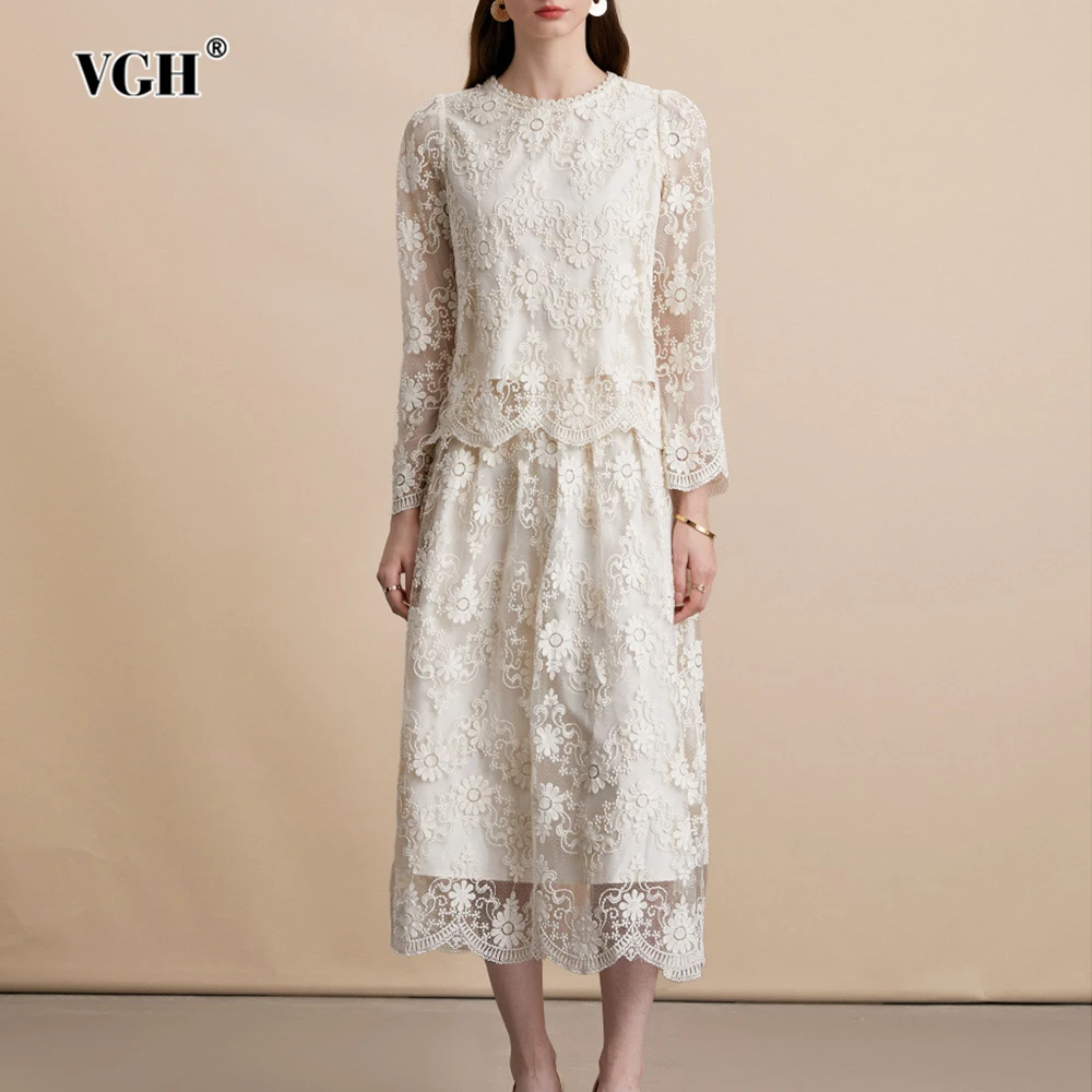 

VGH Свободные однотонные милые кружевные комплекты из двух предметов для женщин, топ с круглым вырезом и длинными рукавами, юбка с высокой талией, шикарный комплект, женская мода