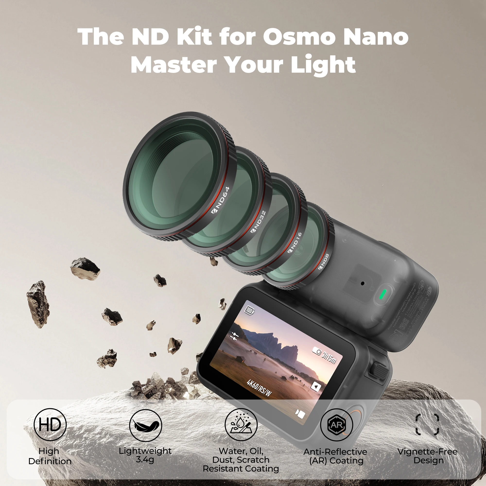 Freewell Standard Day ND Filter 4er-Pack, ND8, ND16, ND32 und ND64 Filterkompatibilität DJI Osmo Nano Kamera-Fotografie-Zubehör – Detail 2
