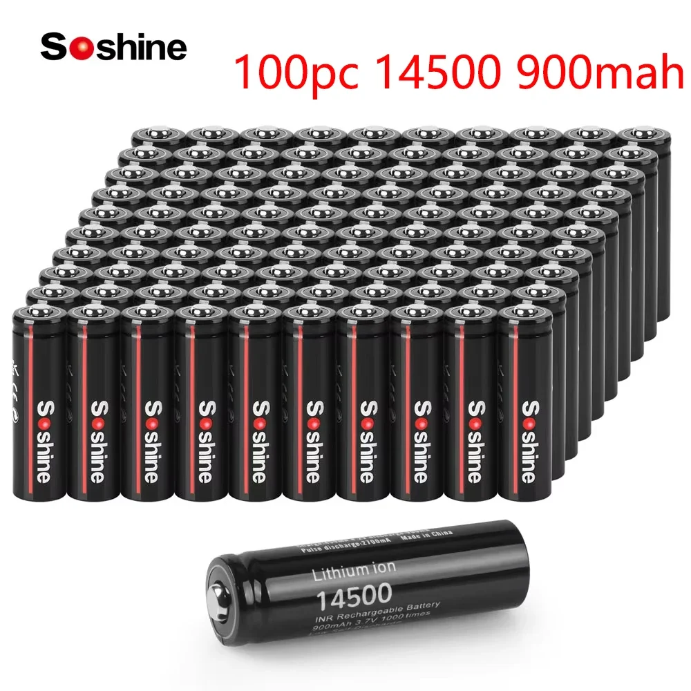 100pc Soshine 3.7V 900mAh Li-ion Rechargeable Battery 14500 AA Battery Lithium Batteries 1000 Times for LED Flashlight Wholesale