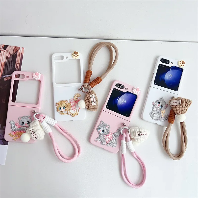 귀여운 고양이 자수 휴대폰 케이스, 삼성 갤럭시 ZFlip3 ZFlip4 ZFlip5 ZFlip6 하드 PC 후면 커버, Z 플립 6 케이스 쉘