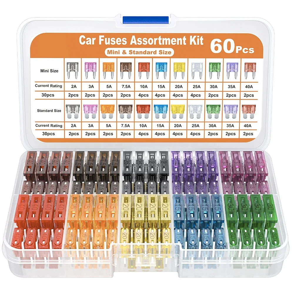 

60Pcs Car Fuse Assortment Kit Replacement for Car/RV/Truck 30 Mini Blade Fuses Automotive 30 Standard Auto Fuses Fuse Puller