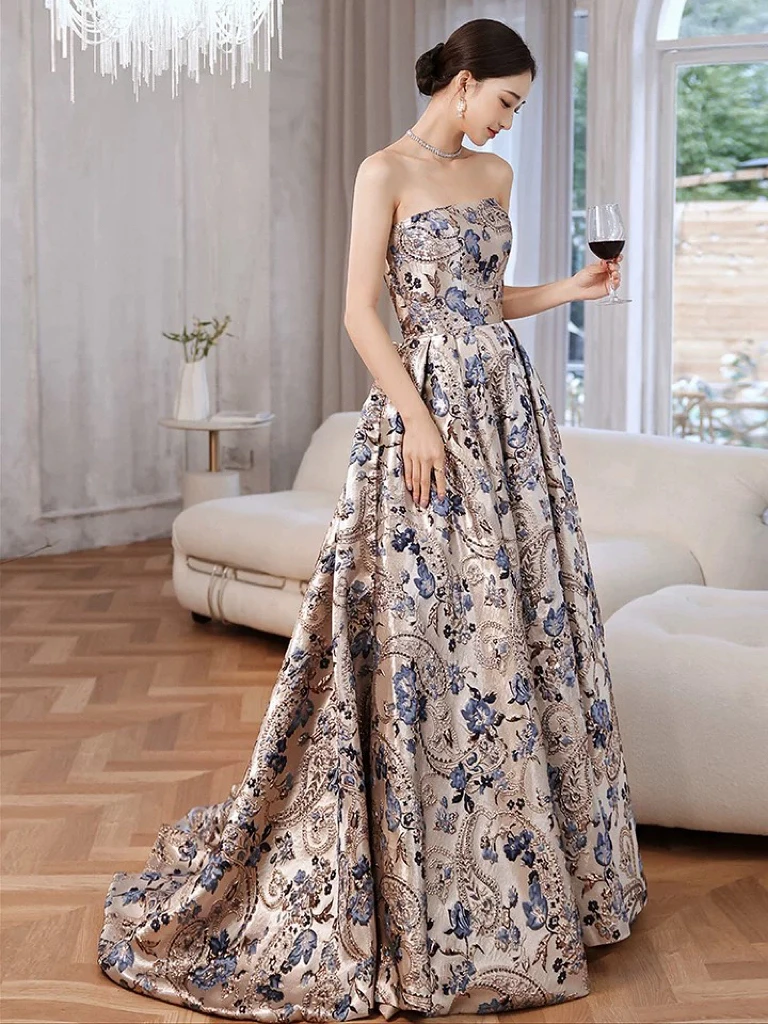 Gorgeous Evening Dresses Jacquard Printed Satin With Train Princess Sleeveless Strapless A Line Long Celebrity Prom Ball Gowns