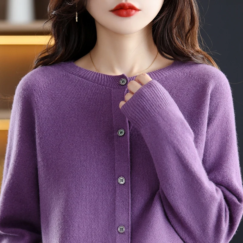

Round neck cardigan women's 100% pure sweater new first-line ready-to-wear sweater leisure wool sweater in autumn and winter