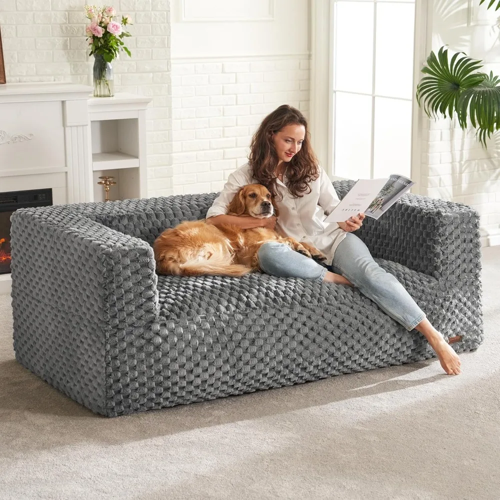 Canapé pouf pour adultes, fauteuil pouf à deux places avec accoudoirs et housse moelleuse, causeuse confortable au sol