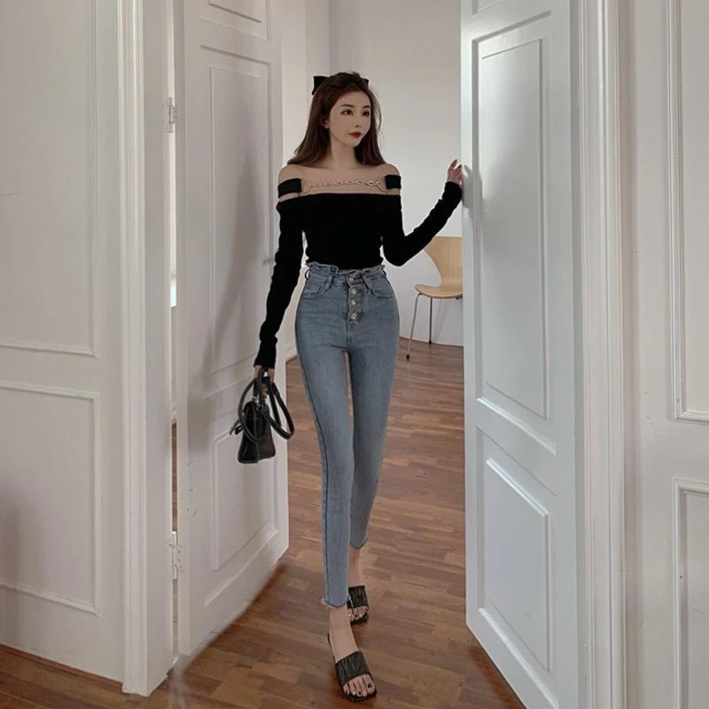 Premium Quality Women's High Waist Slim Fit Jeans Light Color 2026 Fashion Thin Stretch Cropped Casual Pants for Daily Wear