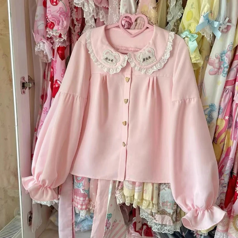 Japońskie bluzki w stylu Lolita Kobiety Kawaii Niedźwiedź Haftowane uszy Peter Pan Kołnierzyk Koszule Topy Słodkie bufiaste rękawy Blusas Mujer
