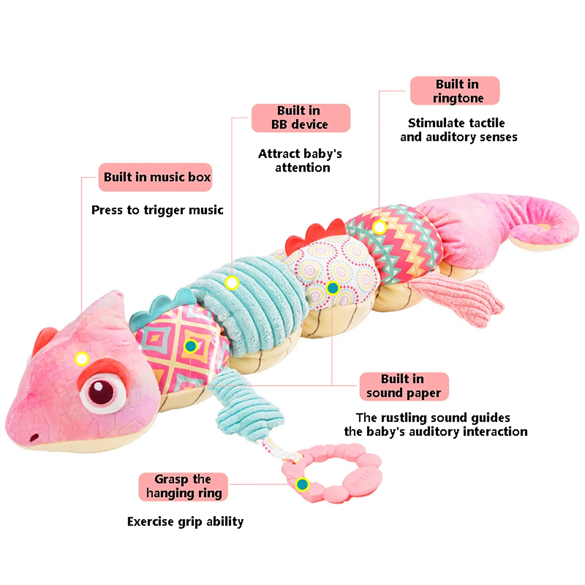 Musical Chameleon Stuffed Animal Toys com Régua Design e Anel Bell para Recém-nascidos Crianças, Infante, 1Pc