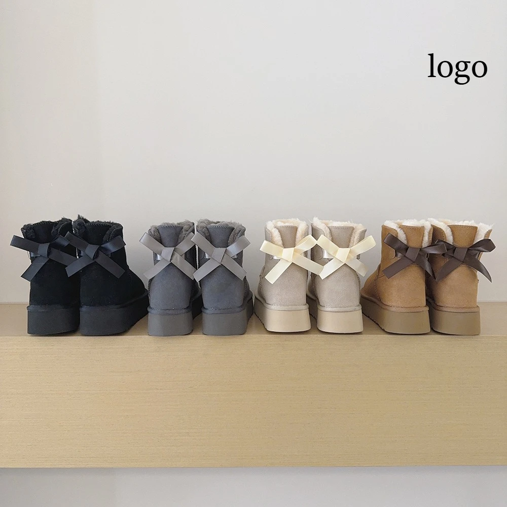 2026 Platform Snow Boots for Women in Large Size Thick Fleece  Thick Cotton Shoes, with Ribbon Decorations Women's Cotton Boots