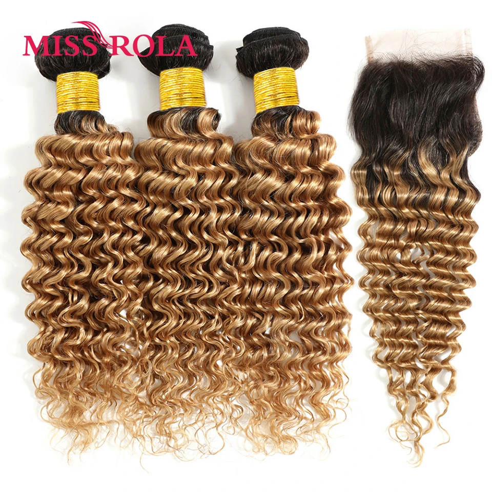 Miss Rola Hair Peruvian Deep Wave Human Hair Weavings With 4x4 Lace Closure Blonde 99J Ombre Quality Remy Hair Bundles Closures