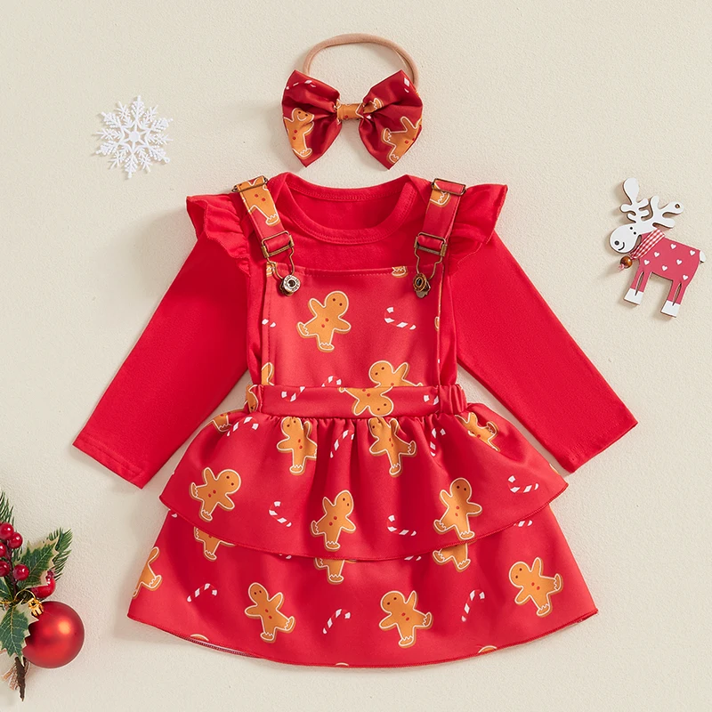 2024-07-27 Lioraitiin Baby Girl Christmas Outfits Solid Color Ribbed Long Sleeve Romper with Cartoon Print Dress and Headband