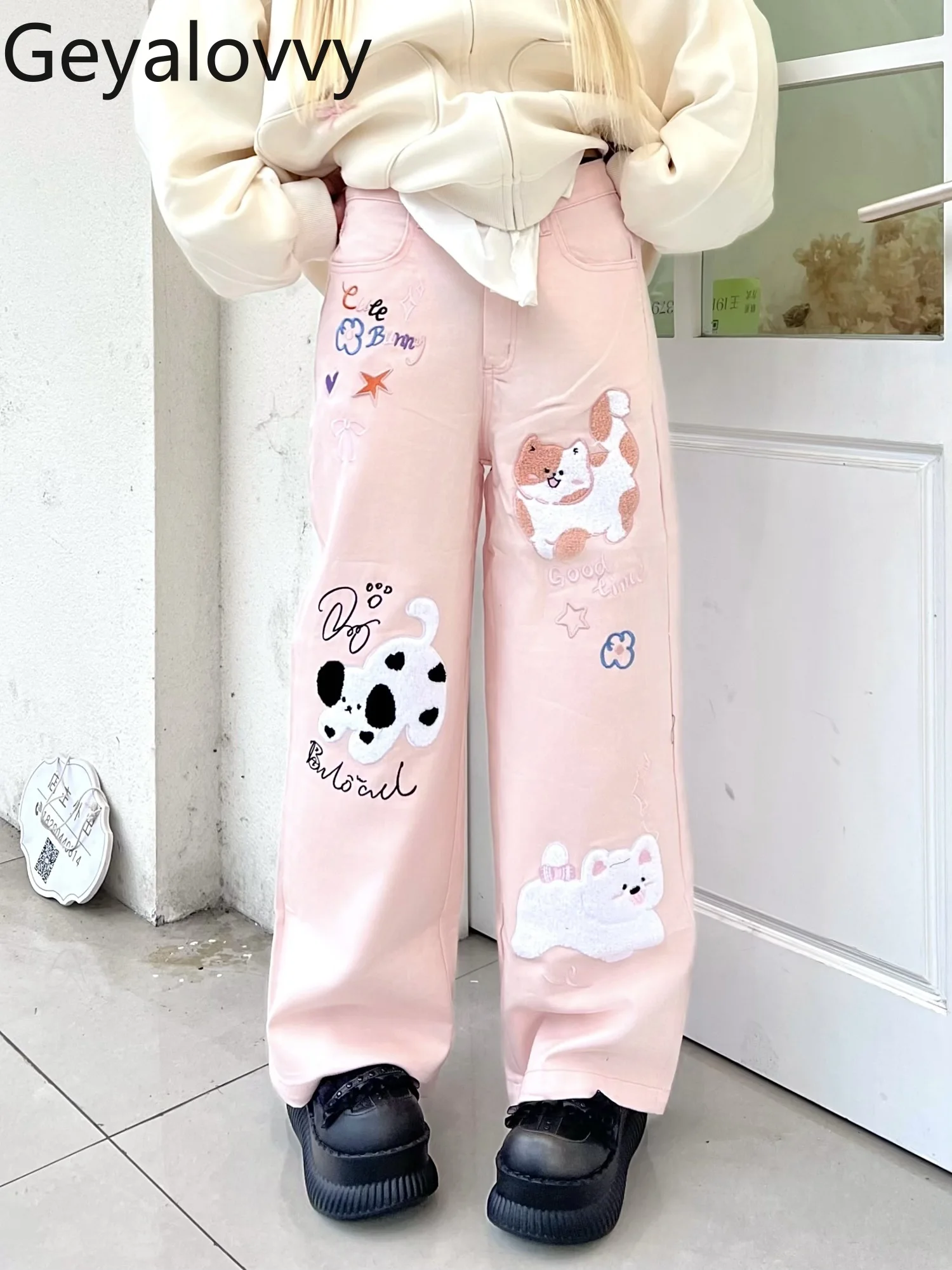 Vintage dos desenhos animados bordado cintura alta jeans retos para mulheres doce bonito primavera solto emagrecimento versátil casual calças de perna larga