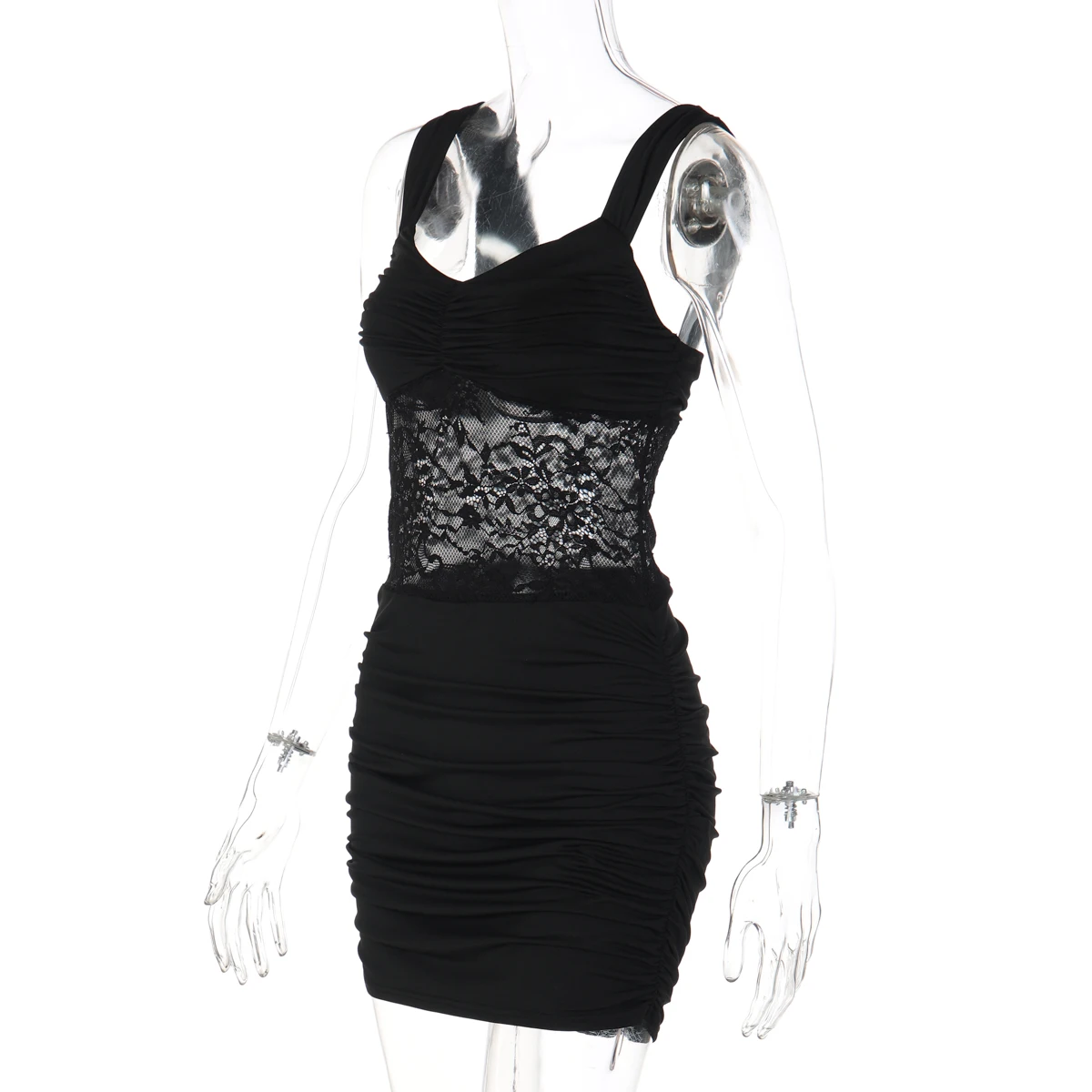 Hugcitar Women'S Fashion Square Collar Solid Straps Patchwork Lace Ruched Sexy Mini Dress Summer Outfit Party Night Club